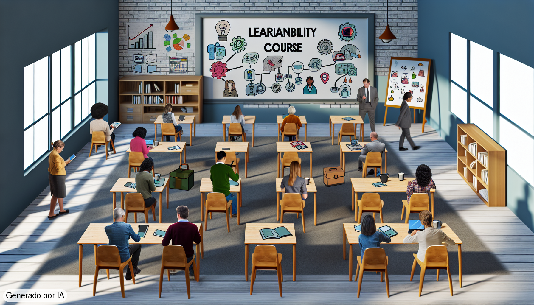 A visual representation of a classroom setting showing a diverse group of individuals participating in a learnability course. The room is brightly lit and packed with mid-century wooden furniture. Some people can be seen using portable devices, indicating modern technology. A large whiteboard stands at the front of the room with the title 'Learnability Course' in bold lettering. The scene showcases the learning atmosphere, filled with strategy diagrams, books, and papers scattered around. The icluded individuals are of different descents such as Caucasian, Hispanic, South Asian, and Middle-Eastern, indicating an inclusive learning environment. - Generado por IA